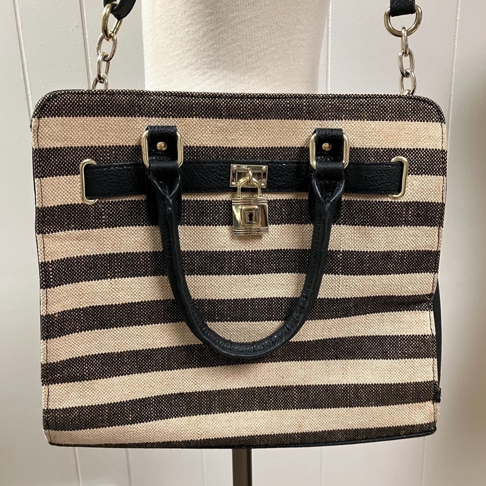 Striped Canvas Faux Leather Satchel Purse Adjustable Strap Double Handles Pocket - Picture 12 of 13